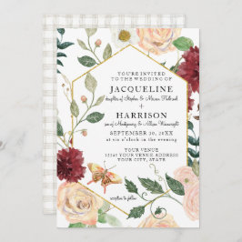 Burgundy Blommigt Elegant Ro Fall Foliage Bröllop Inbjudningar