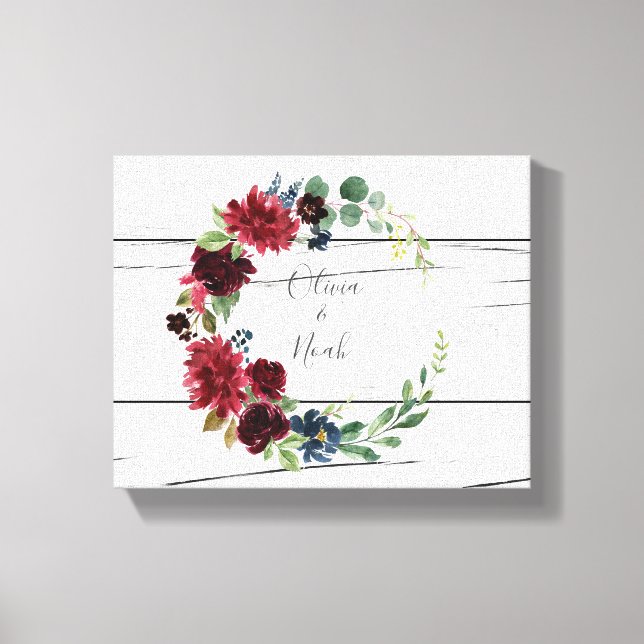 Burgundy Blommigt Elegant Rustic Namn Keepsaky Canvastryck (Framsida)