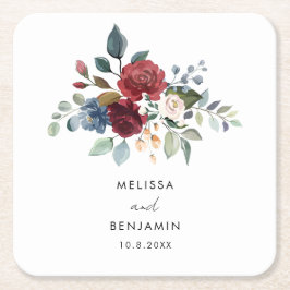 Burgundy Blommigt Elegant Script Bröllop Rehearsal Underlägg Papper Kvadrat