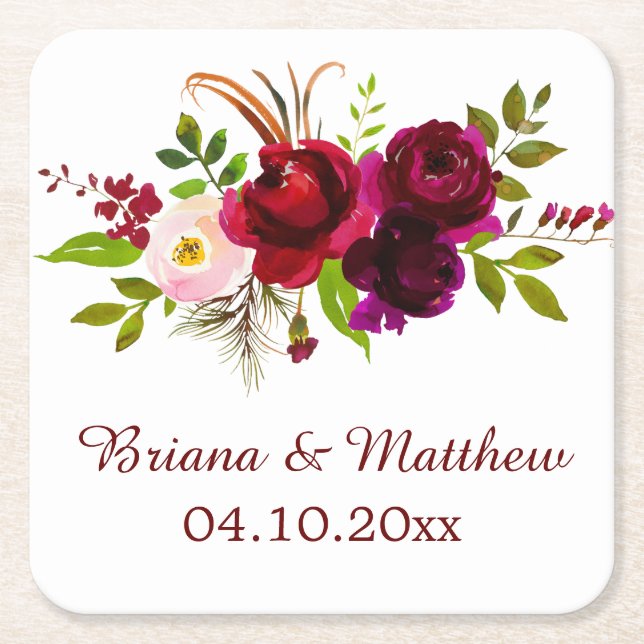 Burgundy Blommigt Elegant Script Underlägg Papper Kvadrat (Framsidan)