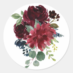 Burgundy Blommigt Elegant Watercolor Modern Runt Klistermärke