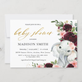 Burgundy  Blommigt Elephant Baby Shower     Inbjudningar