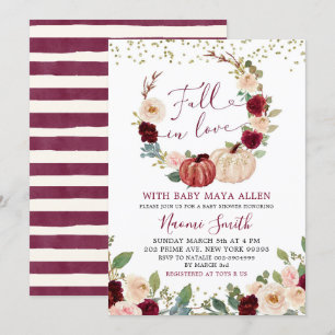 Burgundy Blommigt fall i Kärlek Pumpkin Baby Showe Inbjudningar