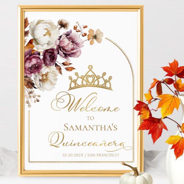 Burgundy Blommigt Fall Quinceanera Välkomsttecken Poster (Skapare uppladdad)
