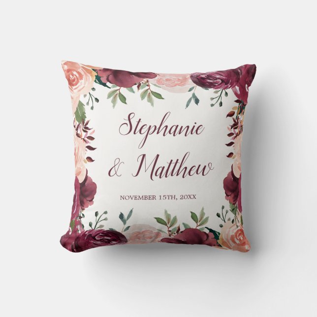 Burgundy  Blommigt Fall Wedding Kudde (Framsida)