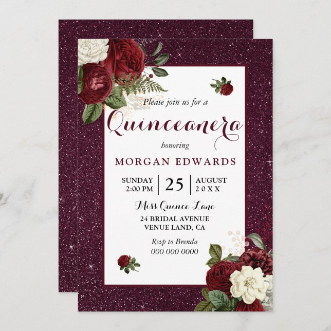 Burgundy Blommigt Faux Metallic Quinceanera Inbjud Inbjudningar (Fram/baksida)