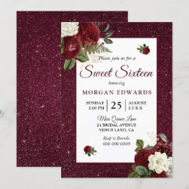 Burgundy Blommigt Faux Metallic Sweet 16 Inbjudan