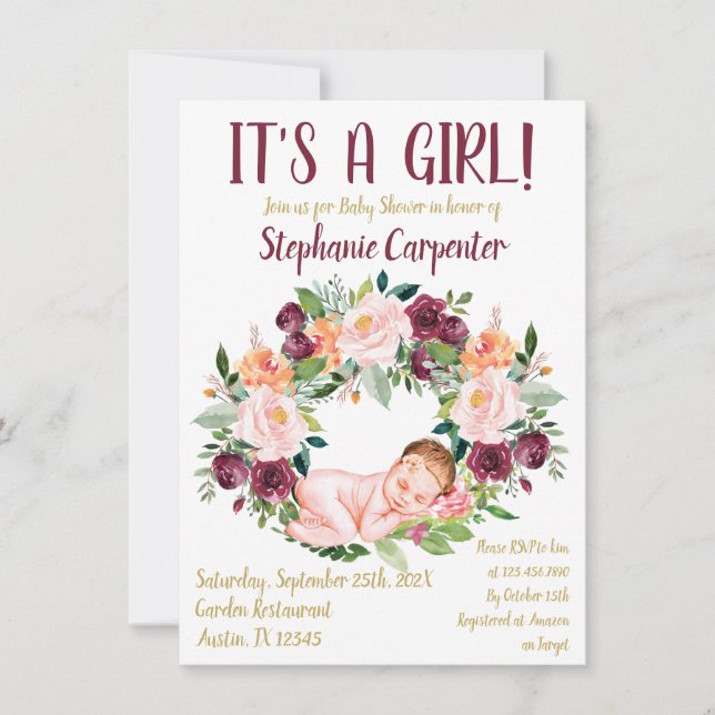 Burgundy Blommigt Flicka Inbjudningar (Framsida)