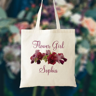 Burgundy Blommigt Flower Girl Bröllop Tote Bag Tygkasse