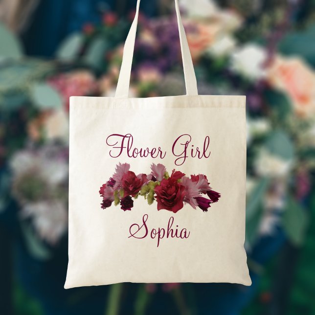 Burgundy Blommigt Flower Girl Bröllop Tote Bag Tygkasse (A pretty burgundy floral design with space for your Flower Girl's name.)