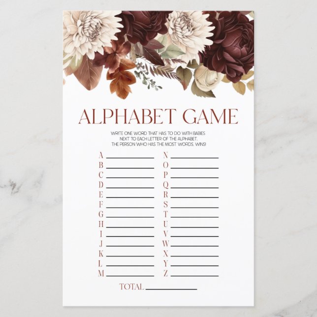 Burgundy Blommigt Flowers Alphabet Baby Shower Gam (Framsida)