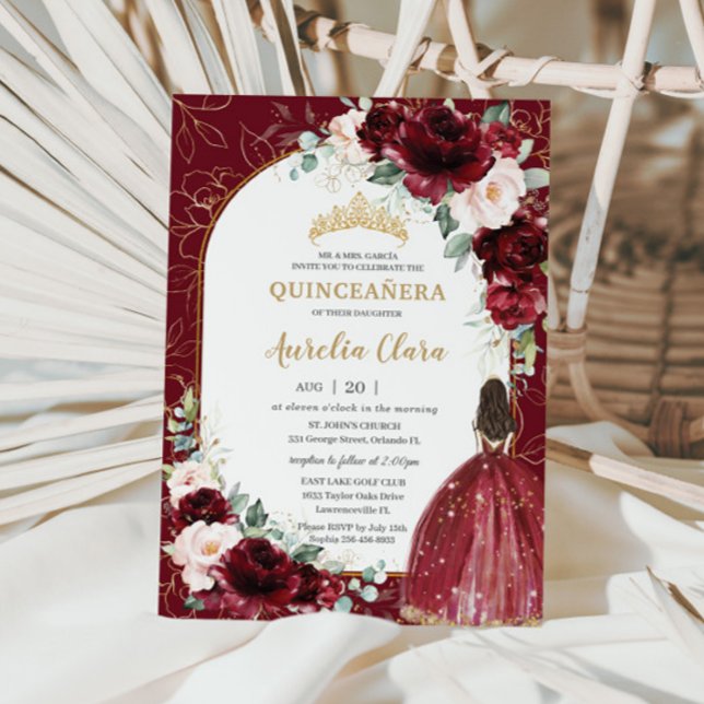 Burgundy  Blommigt Flowers Arch Quinceanera Inbjudningar (Skapare uppladdad)
