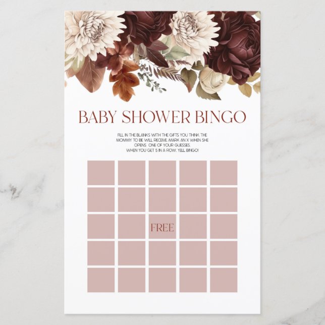 Burgundy Blommigt Flowers Bingo Baby Shower Game (Framsida)
