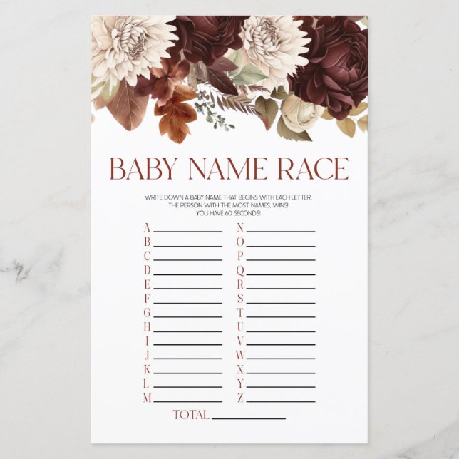 Burgundy Blommigt Flowers Namn Tävling Baby Shower (Framsida)