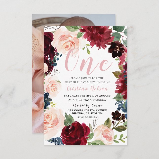 Burgundy  Blommigt Foto 1:a födelsedag Party Inbjudningar (Fram/baksida)