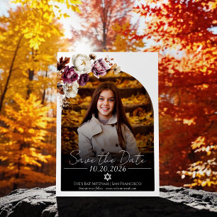 Burgundy Blommigt Foto Bat mitzvah Spara datum Inbjudningar