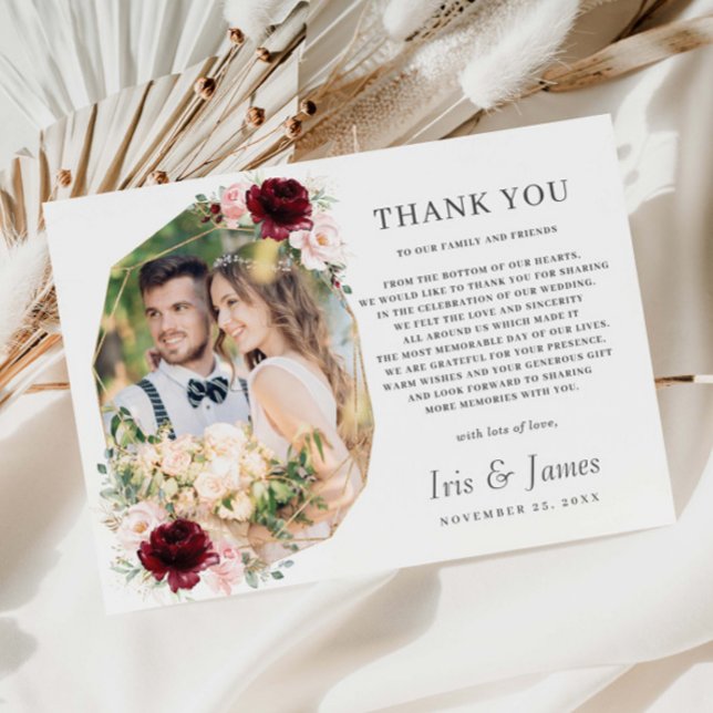 Burgundy  Blommigt Geometic Photo Bröllop Tack Kort (Skapare uppladdad)