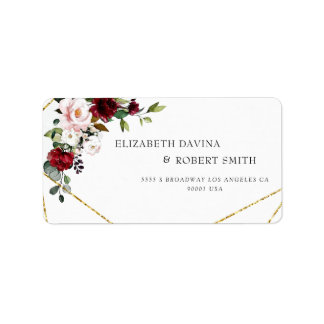 Burgundy Blommigt Geometric Romantic Watercolor Adressetikett