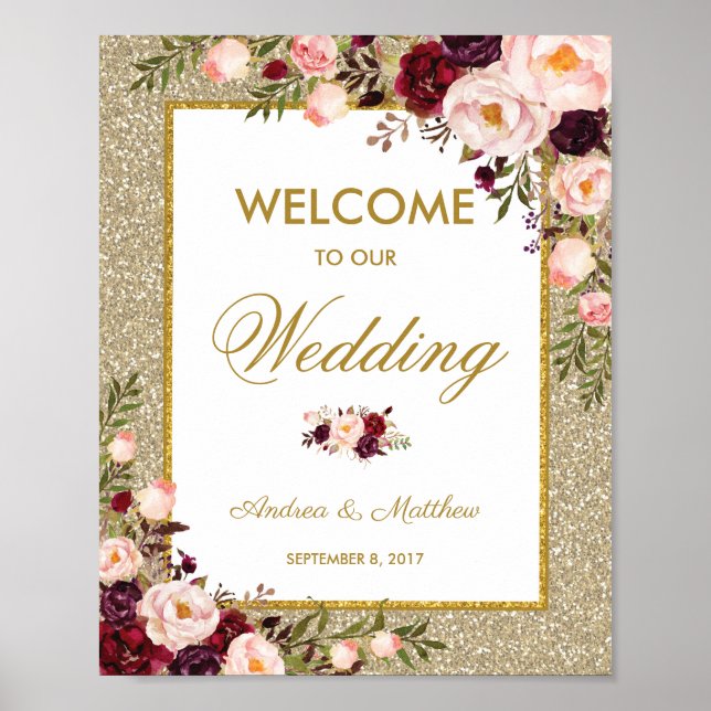 Burgundy Blommigt Glitter Bröllop Välkomsthälsande Poster (Framsidan)