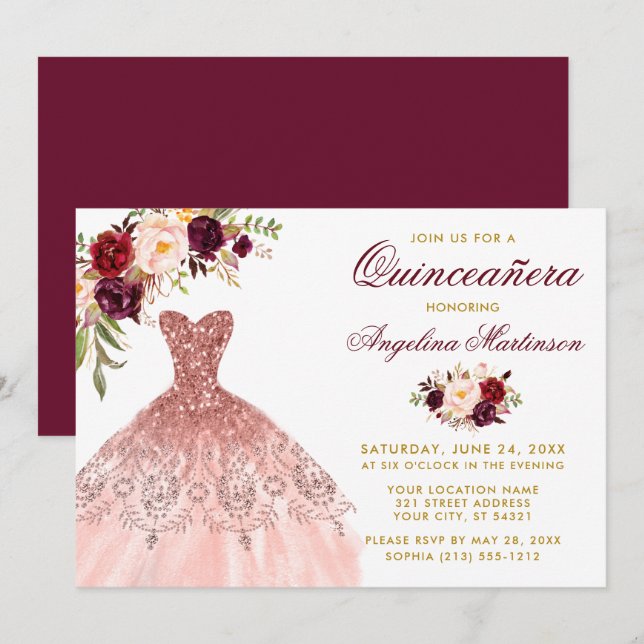 Burgundy Blommigt Glitter Dress Guld Quinceanera Inbjudningar (Fram/baksida)