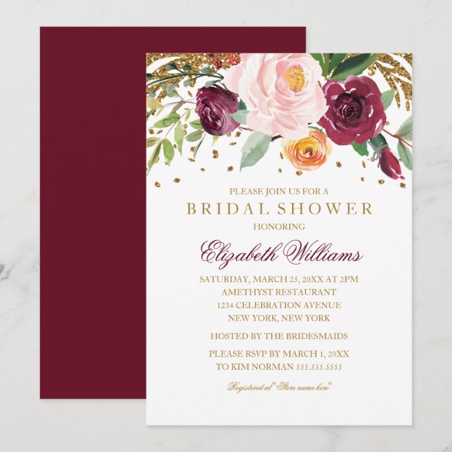 Burgundy Blommigt Glitter Sparkling Möhippa Inbjudningar (Fram/baksida)