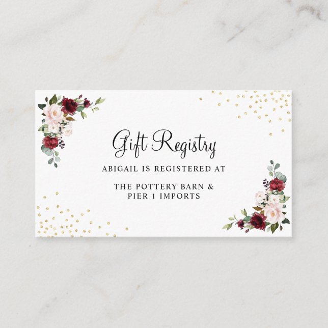 Burgundy Blommigt Gold Foil Chic Gift Register Tilläggskort (Framsida)