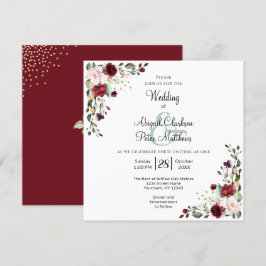 Burgundy Blommigt Gold Foil Square Bröllop Inbjudningar