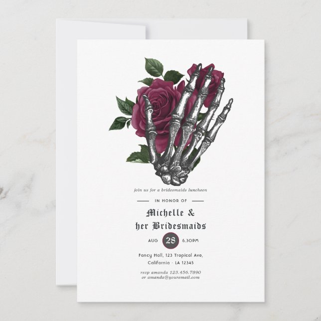Burgundy Blommigt Gothic Döskallars Bridesmaids Lu Inbjudningar (Framsida)