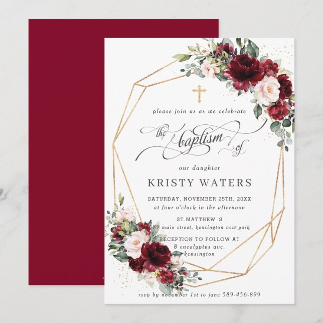 Burgundy  Blommigt Greenery Baptism Geometric Inbjudningar (Fram/baksida)