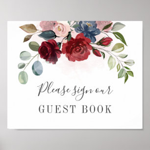Burgundy Blommigt Greenery Bröllop Guest Bok Poster