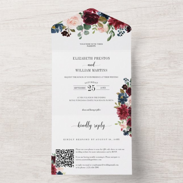 Burgundy Blommigt Greenery Bröllop med QR-kodens O (Insida)