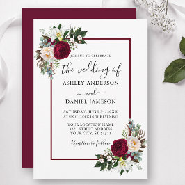 Burgundy Blommigt Greenery Calligraphy Bröllop Inbjudningar