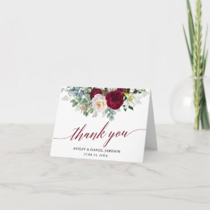 Burgundy Blommigt Greenery Calligraphy Bröllop Not Tack Kort