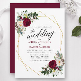 Burgundy Blommigt Greenery Calligraphy Guld Bröllo Inbjudningar