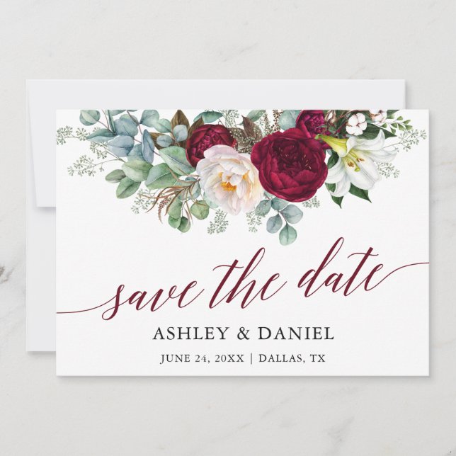 Burgundy Blommigt Greenery Calligraphy Save Date Spara Datumet (Framsida)