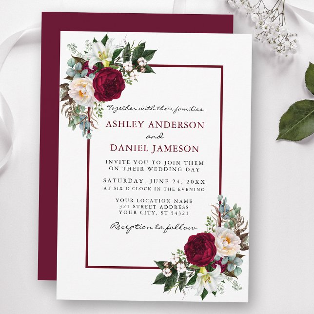 Burgundy Blommigt Greenery Framed Bröllop B Inbjudningar (Customize to change text color, style, add text & photos to back or change color of back of card.)