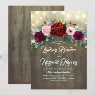 Burgundy Blommigt Greenery Garland Rustic Bröllop Inbjudningar