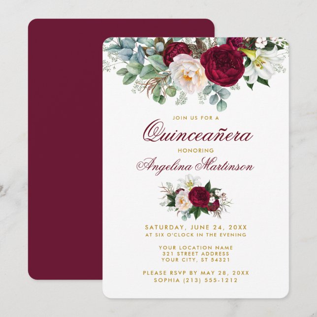 Burgundy Blommigt Greenery Guld Quinceanera Inbjudningar (Fram/baksida)