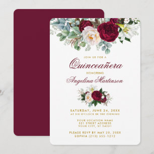 Burgundy Blommigt Greenery Guld Quinceanera Inbjudningar