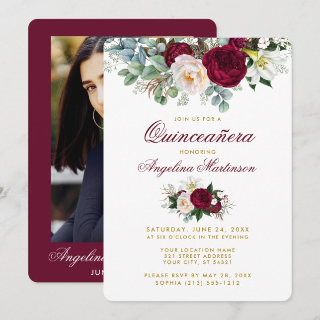 Burgundy Blommigt Greenery Guld Quinceanera Photo Inbjudningar (Fram/baksida)