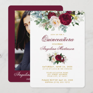 Burgundy Blommigt Greenery Guld Quinceanera Photo Inbjudningar