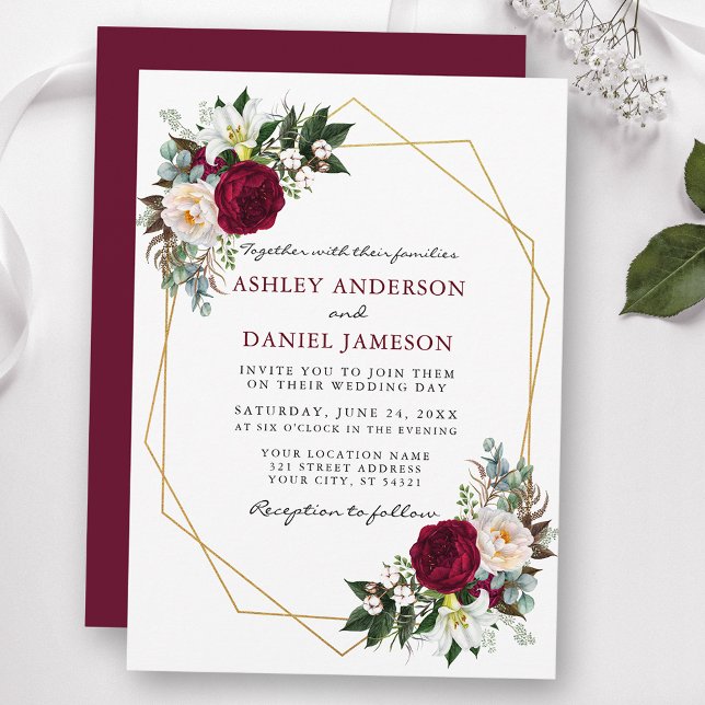 Burgundy Blommigt Greenery Guld Ram Bröllop B Inbjudningar (Customize to change text color, style, add text & photos to back or change color of back of card.)