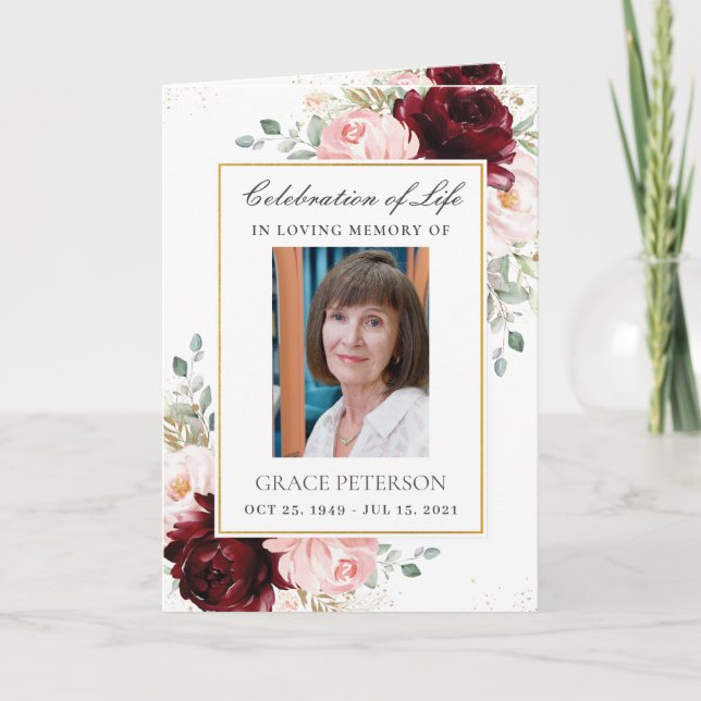 Burgundy  Blommigt Greenery Photo Funeral Program (Framsida)