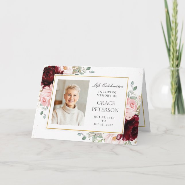 Burgundy  Blommigt Greenery Photos Funeral Program (Framsida)