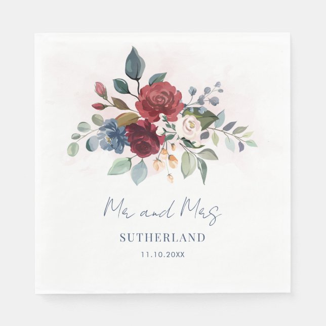 Burgundy Blommigt Greenery Script Wedding Receptio Pappersservett (Framsidan)