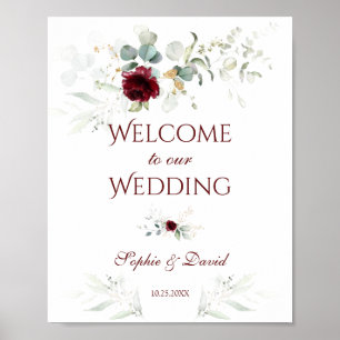 Burgundy Blommigt Greenery Välkommen Bröllop-tecke Poster