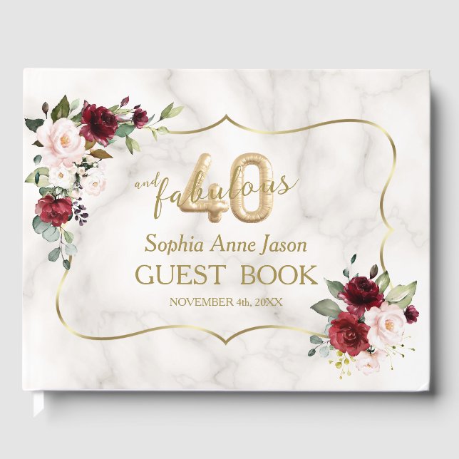  Burgundy Blommigt Guld 40 & Fabulous Birthday Gästböcker (Framsida)