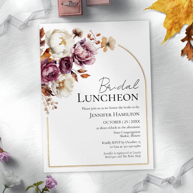 Burgundy Blommigt Guld Arch Fall Möhippa Luncheon Inbjudningar (Skapare uppladdad)