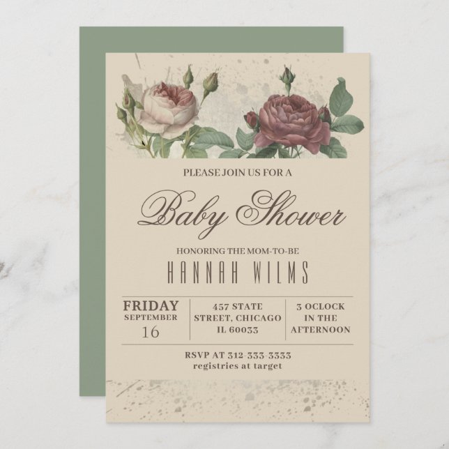 Burgundy  Blommigt Guld Baby Shower-inbjudan Inbjudningar (Fram/baksida)