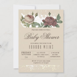 Burgundy  Blommigt Guld Baby Shower Inbjudningar